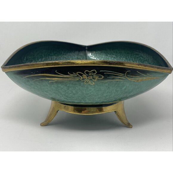 Vintage MCM Oppenheim Teal Green Enamel Triangular Footed Bowl Gold Brass Israel - Picture 5 of 9